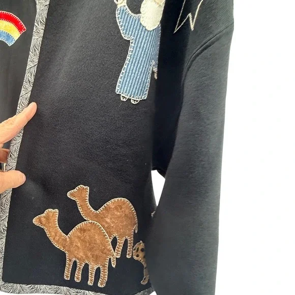 Unique Black Fleece Jacket Noah's Ark Animals Rainbow Applique Open Front Women - Picture 3 of 9